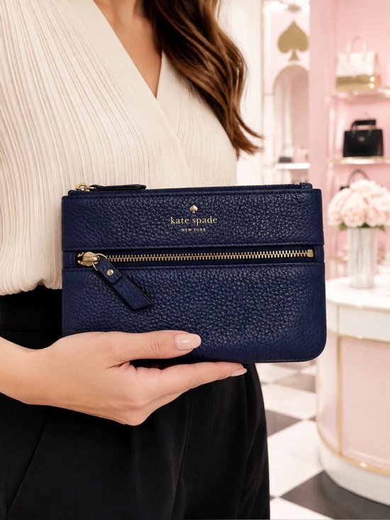 kate spade Handbags - kate spade Navy Pebbled Leather Zip Wallet